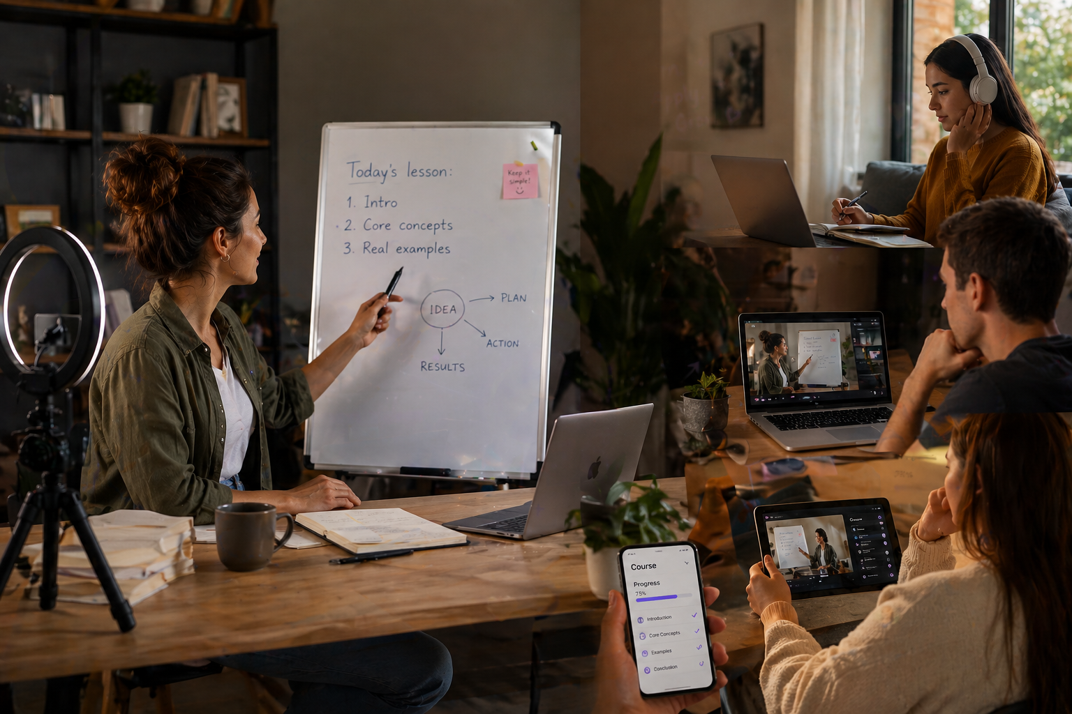 Creator teaching online while students learn from laptops, tablets, and phones
